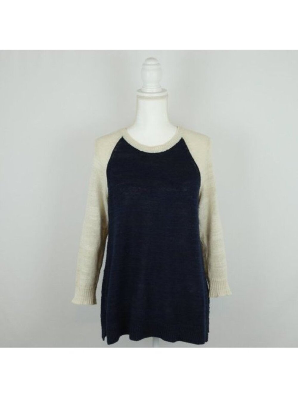Madewell Women's Medium Blue Cream Linen Blend Raglan Sleeve Scoop Neck Sweater